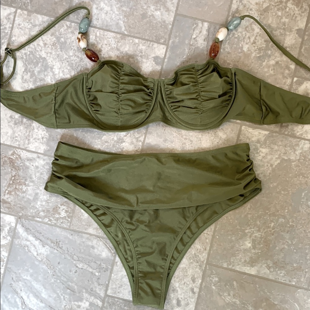 Olive Green Ruched Underwire Bikini Set - Women Swim